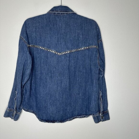 MNG Mango Denim Shirt Size 6 Blue Studded Snap Oversized Boho Western - Picture 4 of 14